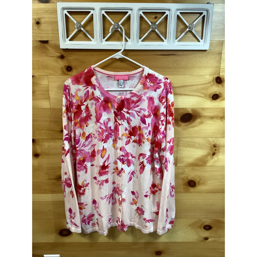 Isaac Mizrahi Live Floral Cardigan Women L Pink Orange Cotton Rayon Knit Sweater